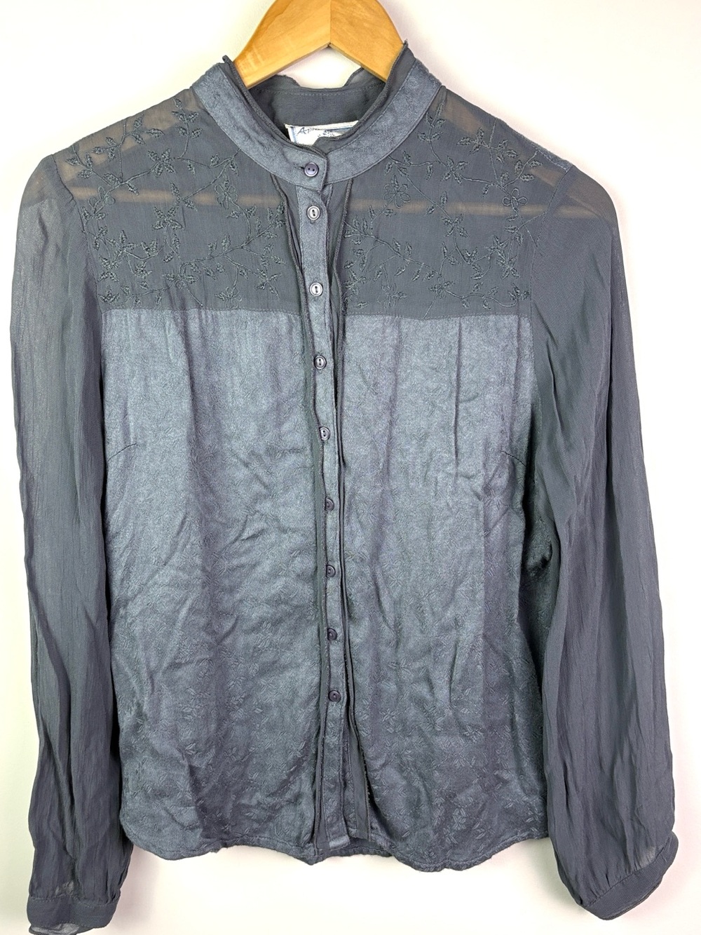 April Cornell Sheer Embroidered Button-Front Blouse- Gray/blue size S